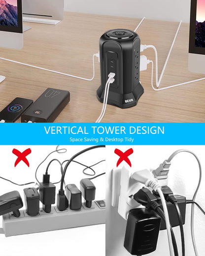 Tower Surge Protector Power Strip, Desk Charging Station with 9 AC Outlet and 4 USB Ports, 18AWG 6.5 FT Extension Cord, 3-Prong Flat Plug, Multiple Outlets for Office Dorm Apartment Essentials